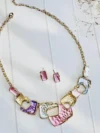 Elegant Pastel Geometric Enamel Necklace & Earring Set – Gold Chain Statement Jewelry